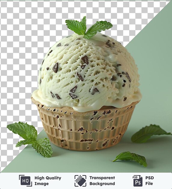 PSD crème glacée au chocolat à la menthe rafraîchissante de haute qualité, transparente, recouverte de feuilles vertes fraîches