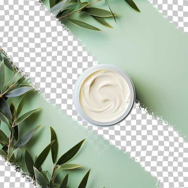 PSD une crème pour le visage nourrissante pour la peau problématique dans un récipient exposé la feuille d'eucalyptus ajoutée pour l'attrait esthétique fond transparent