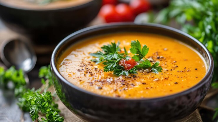 PSD cremige kürbissuppe mit petersilie-garnition