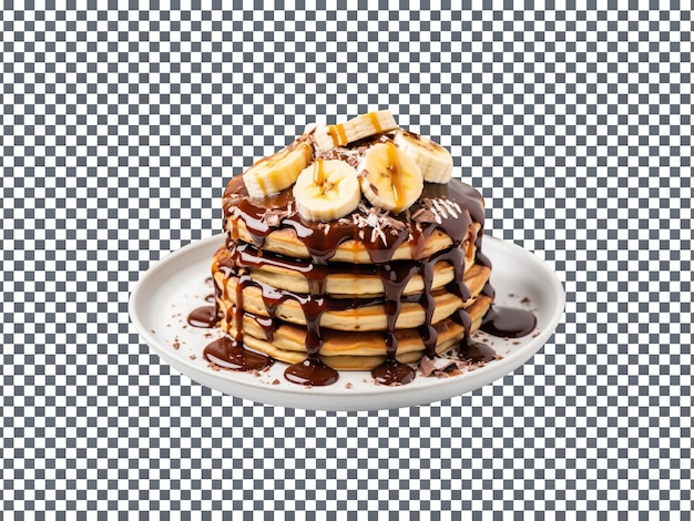 Crêpes à la banane farcies au Nutella frais empilées avec du chocolat isolées sur un fond transparent