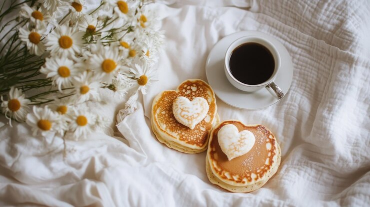PSD des crêpes en forme de cœur avec du café et des fleurs.