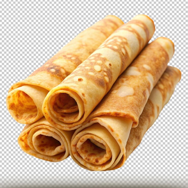 PSD crepes rollos de panqueque delgados aislados sobre un fondo transparente
