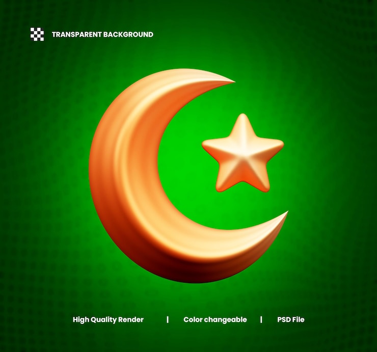PSD crescent moon and star badge 3d illustration or crescent moon and star badge 3d icon