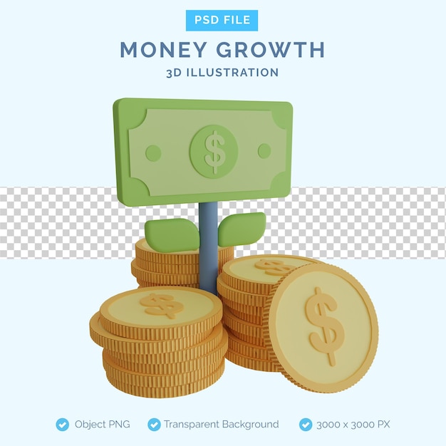 PSD crescimento de dinheiro com uma ilustração 3d de nota de dólar