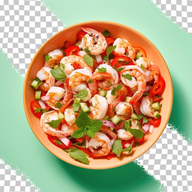 PSD crevettes mélangées à une salade de fruits de mer, poivrons épicés et menthe