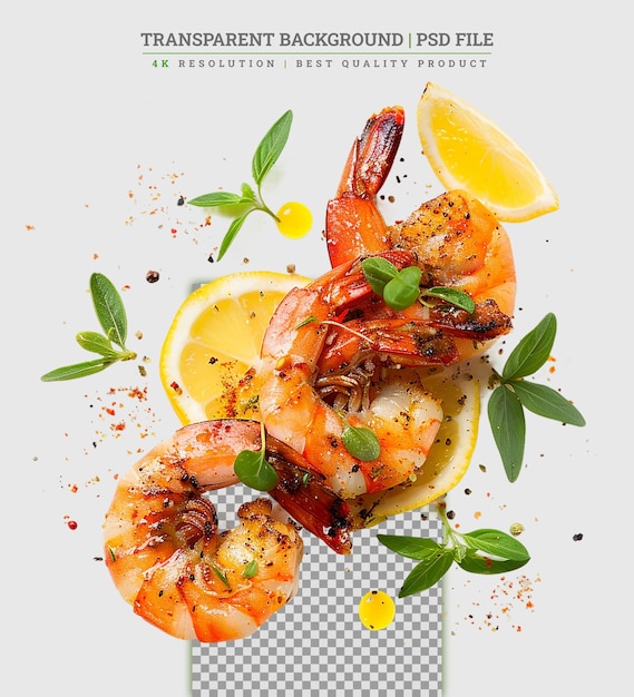 PSD crevettes rouges entières pelées langoustines citron grand sel de mer allongé sur une planche sombre autour avec des verts légers