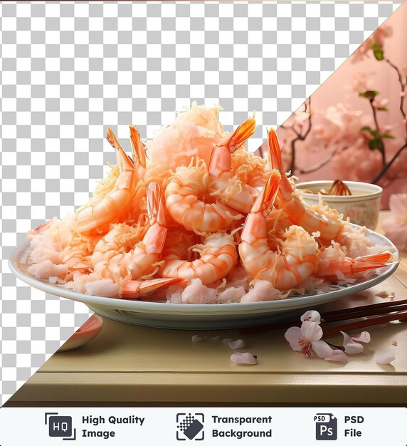 Crevettes Tempura Croustillantes Servies Sur Une Assiette Blanche Avec Des Baguettes Accompagnées D'un Petit Bol Blanc Et D'une Fleur Blanche Et Rose Sur Un Fond Transparent