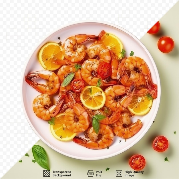 PSD crevettes teriyaki avec citron et tomate cerise sur un plateau à fond transparent vue du haut