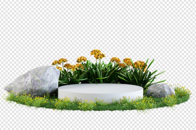 Criador de cena de plataforma branca em campo de flores