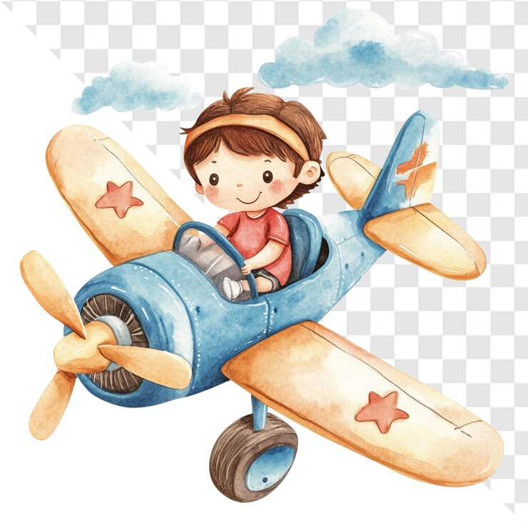 PSD criança alegre voando em um avião antigo aventura de voo feliz