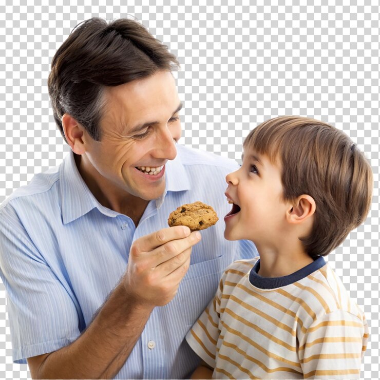 PSD criança alimentando pai com um chip de chocolate isolado em fundo transparente