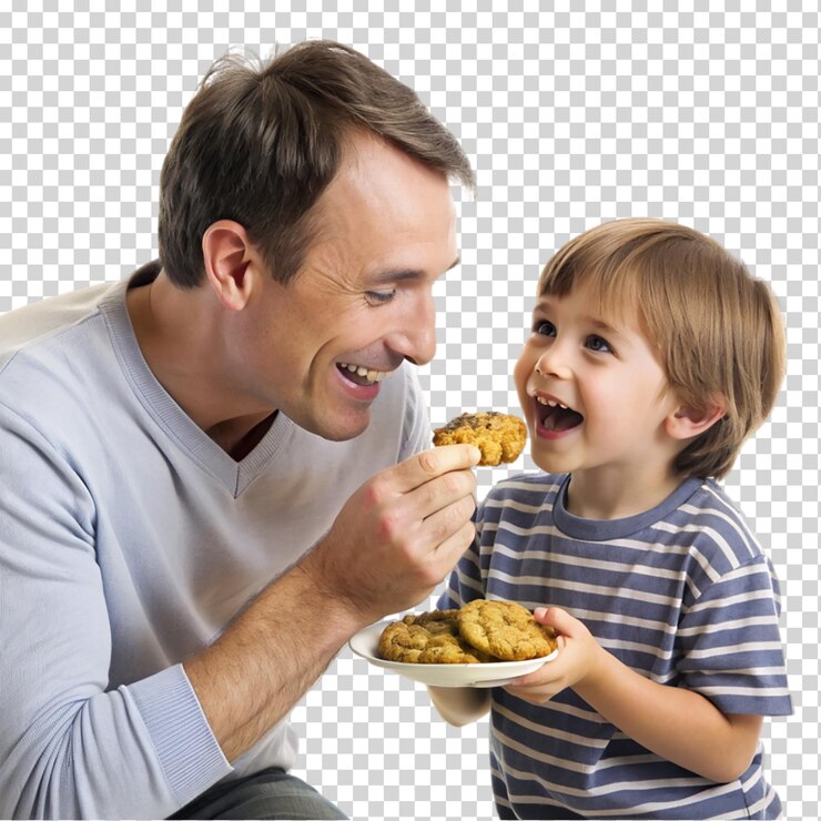 PSD criança alimentando pai com um chip de chocolate isolado em fundo transparente