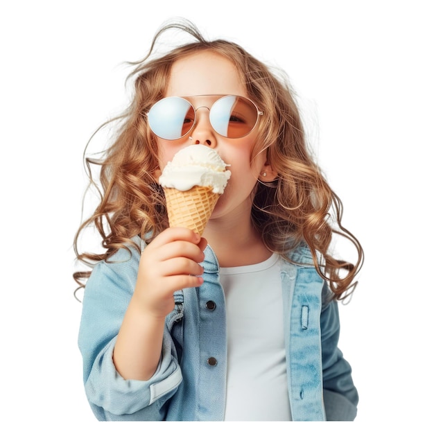 PSD criança bonita, menino, menina de 67 anos, vestindo roupas casuais, óculos de sol, comendo sorvete, divertindo-se.