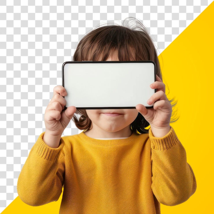 PSD criança de png segurando uma tela de smartphone em branco