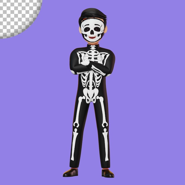 PSD criança em traje de esqueleto se preparando para ilustração de renderização 3d de festa de halloween