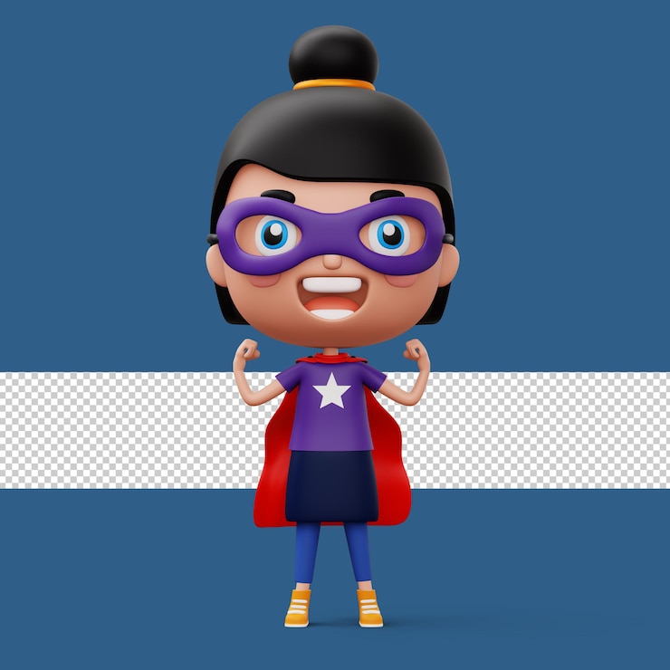 PSD criança engraçada de super-herói de poder em uma roupa de herói conceito de criança de herói renderização em 3d