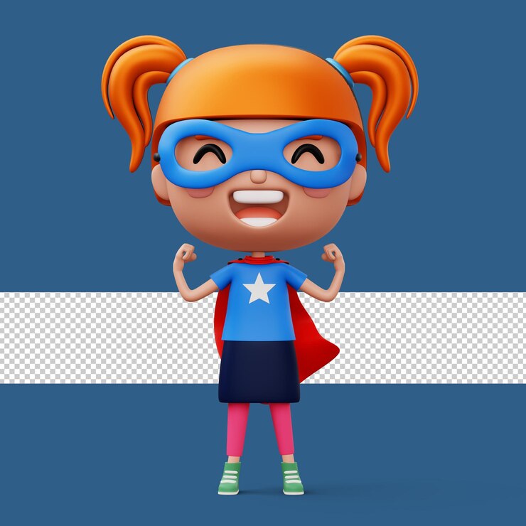 PSD criança engraçada de super-herói de poder em uma roupa de herói conceito de criança de herói renderização em 3d