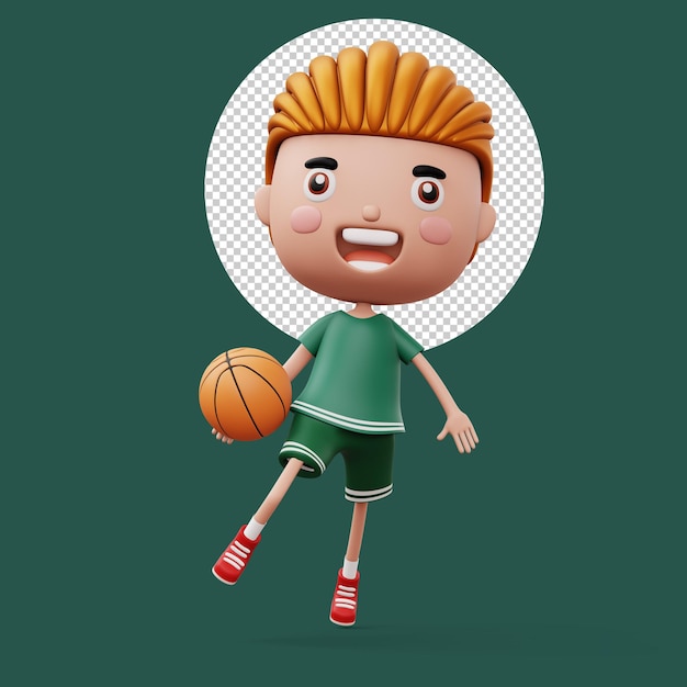 Criança feliz com bola de basquete menino bonito personagem de desenho animado ilustração de renderização 3d