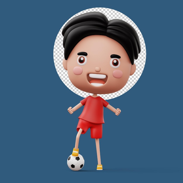 PSD criança feliz com bola de futebol menino bonito personagem de desenho animado renderização 3d