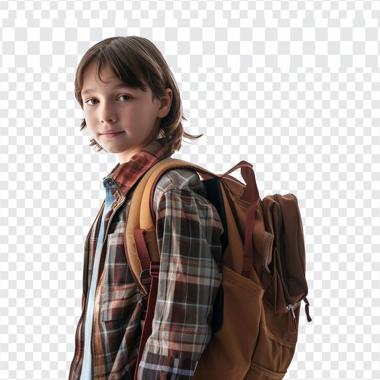 PSD criança feliz com mochila e ir para a escola