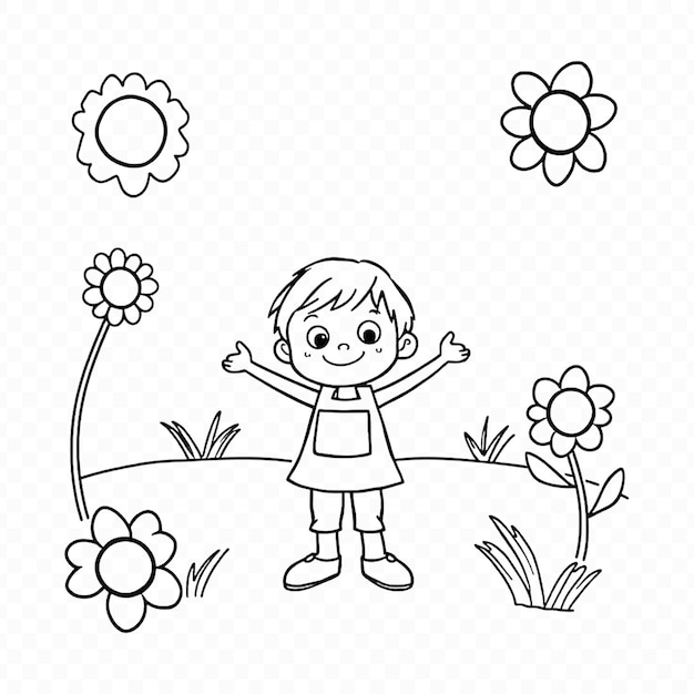Criança feliz no jardim de flores Livro de desenho e coloração