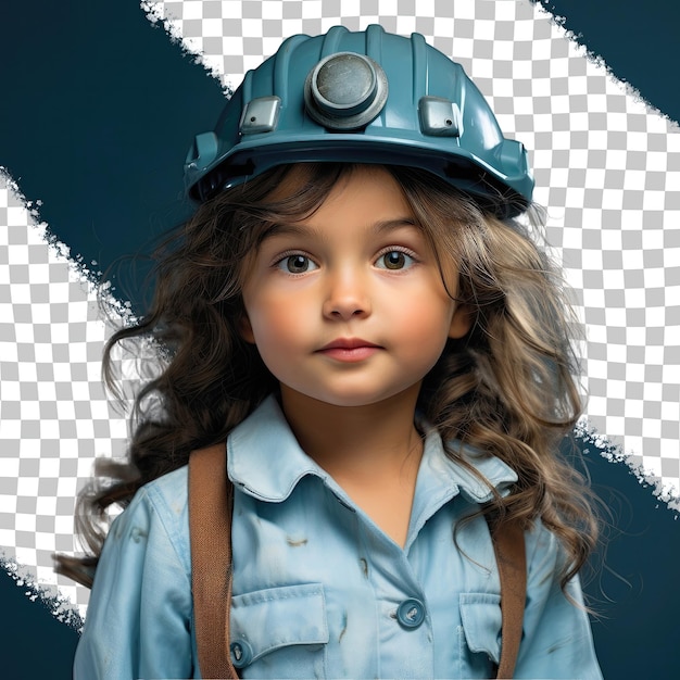 Criança hispânica nostálgica engenheiro de cabelos ondulados posa de costas para a câmera em fundo azul pastel