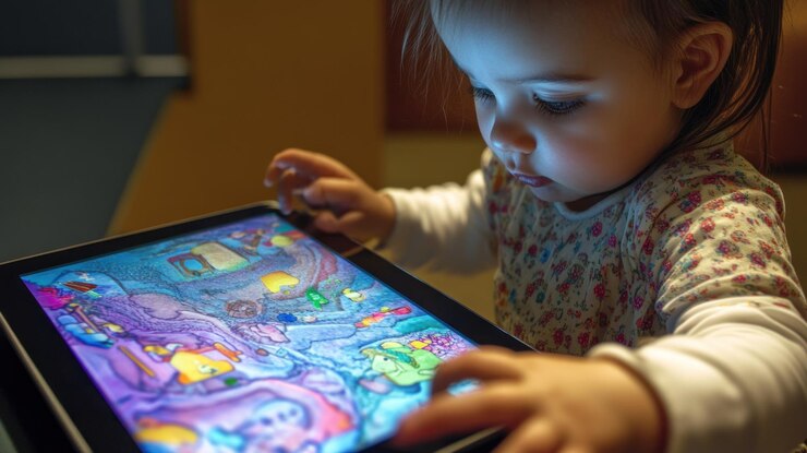 PSD criança interagindo com uma tela de tablet colorida