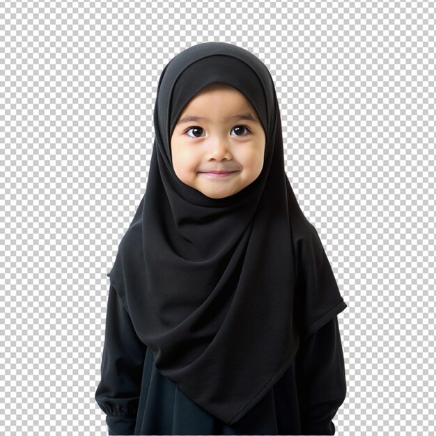 PSD criança muçulmana bonita vestindo hijab preto em fundo transparente