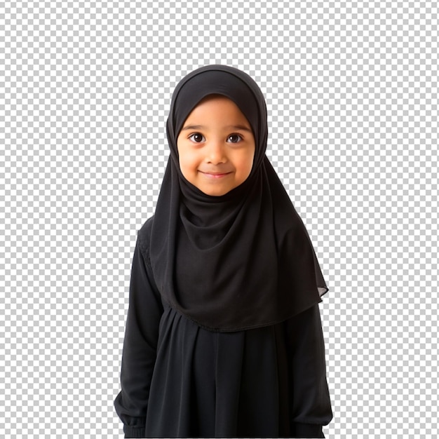 PSD criança muçulmana bonita vestindo hijab preto em fundo transparente