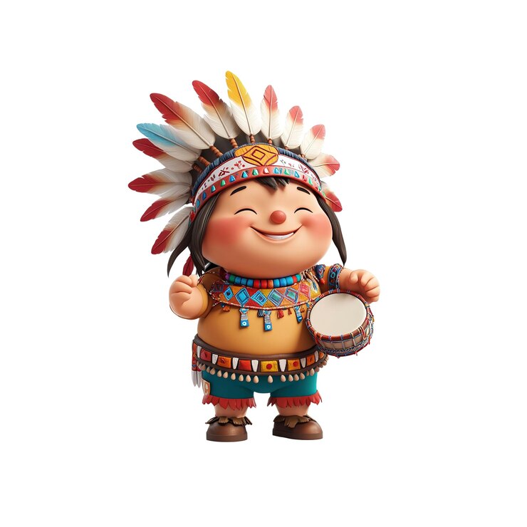 PSD criança nativa americana alegre tocando bateria 3d render