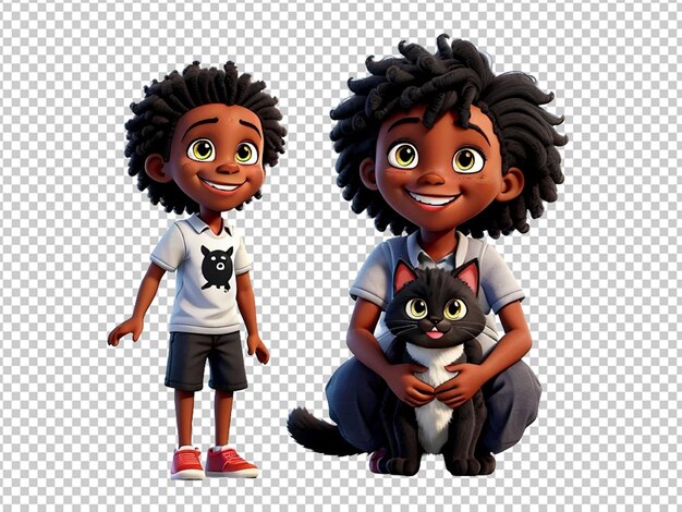 PSD criança preta em 3d segurando um gato com um grande sorriso