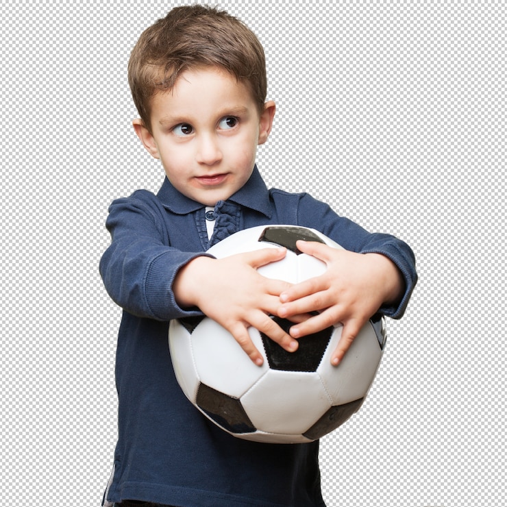 PSD criança, segurando, um, bola futebol