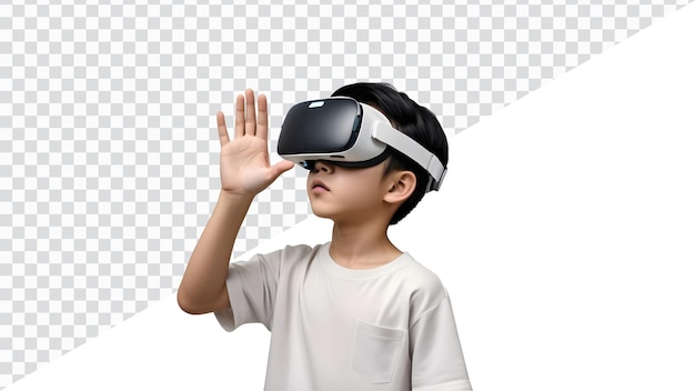 PSD criança usando fone de ouvido de realidade virtual surpreendida criança olhando em óculos de realidade virtual isolada em fundo branco