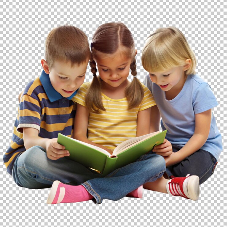 PSD crianças a ler um livro no chão.