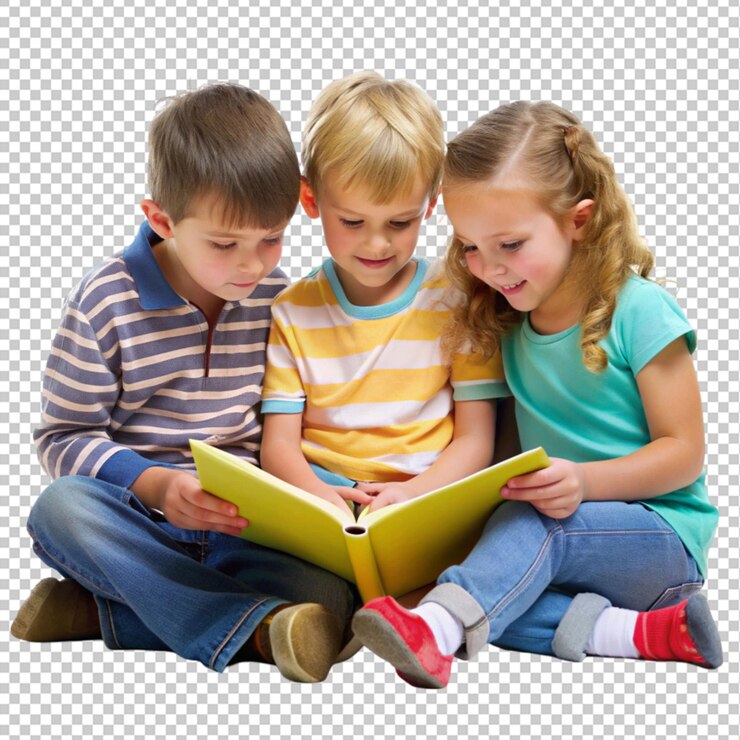 PSD crianças a ler um livro no chão.