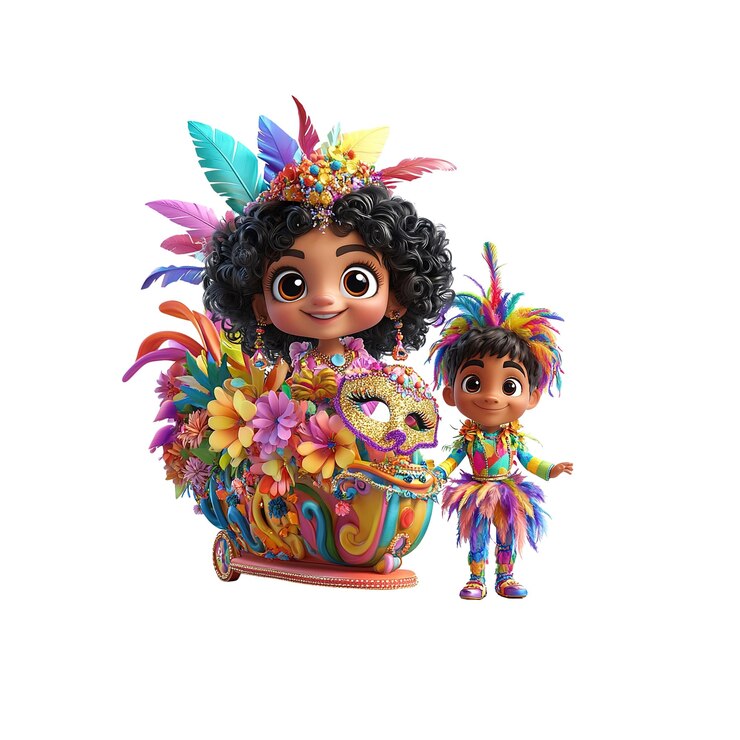 PSD crianças alegres em trajes vibrantes de carnaval em um carro festivo