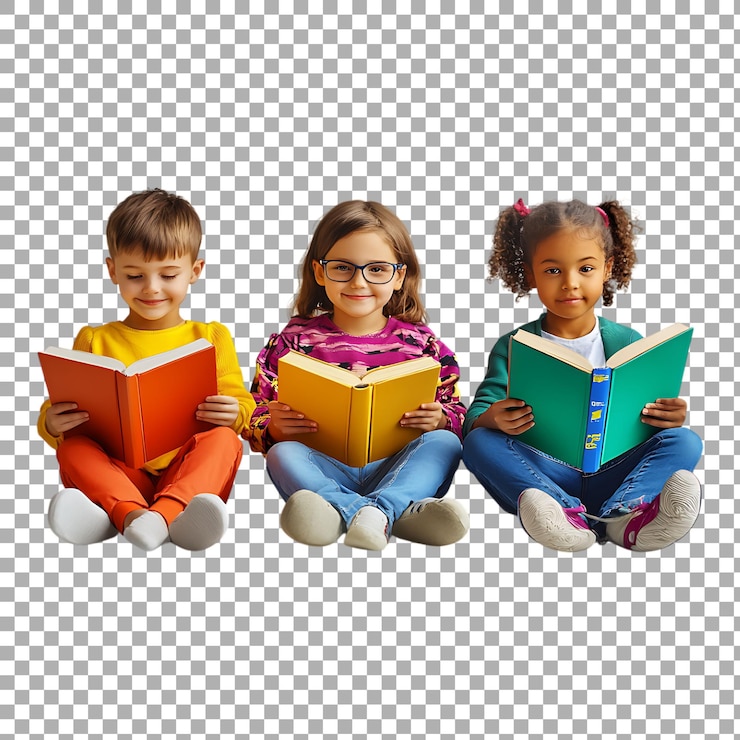 PSD crianças alegres lendo livros contra um fundo transparente