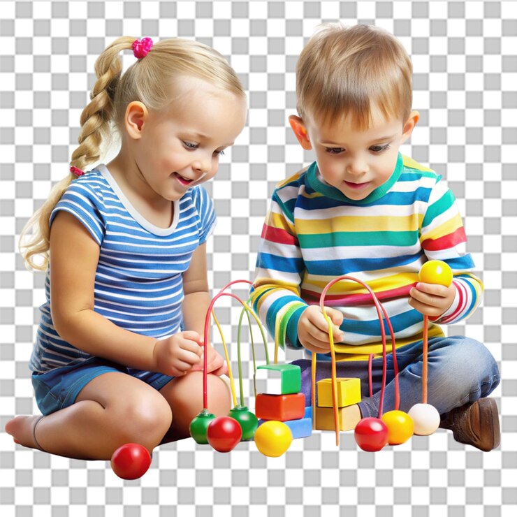 PSD crianças brincando com brinquedos educacionais isolados em fundo transparente