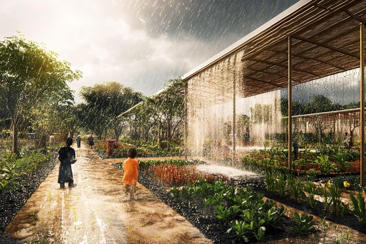 PSD crianças caminhando em um jardim encharcado de chuva com uma grande característica de cachoeira sob um pavilhão moderno