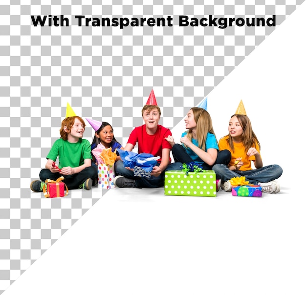 Crianças celebrando festas de aniversário ou Natal com presentes PNG PSD em fundo transparente