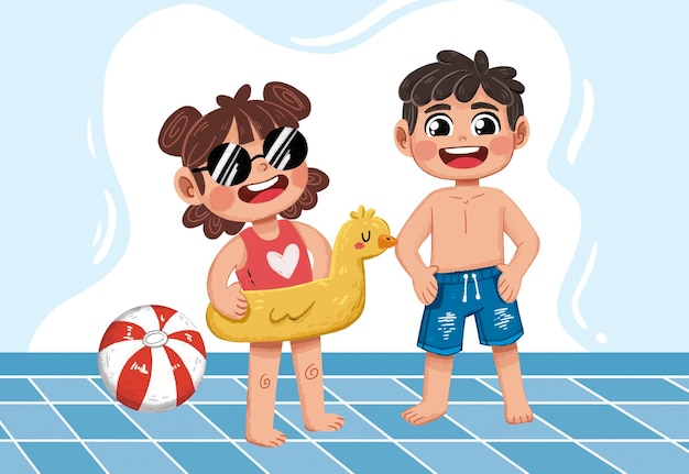 Crianças desfrutando de um dia ensolarado na piscina com um flutuador de pato e uma bola de praia