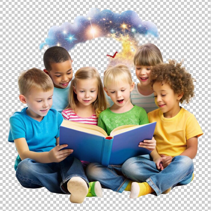 PSD crianças e um livro de ideia de conceito de imaginação