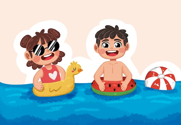 Crianças felizes a divertir-se no verão na piscina.