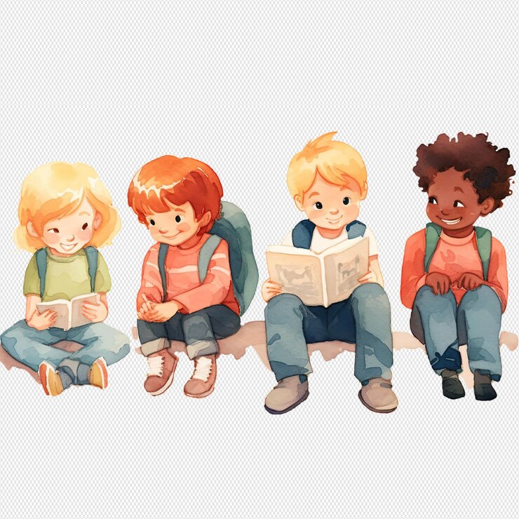 crianças lendo livros ilustrados com aquarela isolada