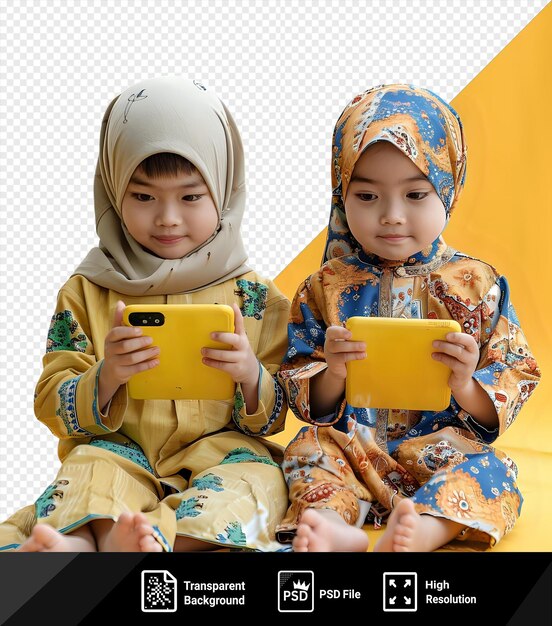 PSD crianças online em hijab segurando telefones celulares na frente de uma parede amarela com pés descalços e mãos visíveis em primeiro plano png psd