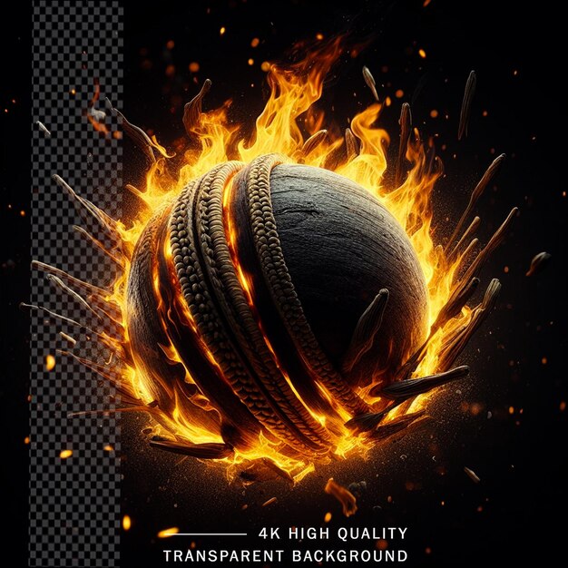 Cricketball mit feuerflamme 3d-rendering auf transparentem hintergrund
