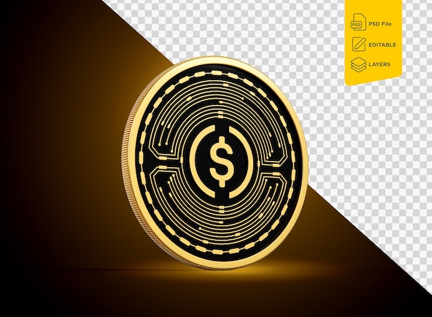 Cripto-moeda de ouro USD em fundo de brilho dourado Ilustração 3D