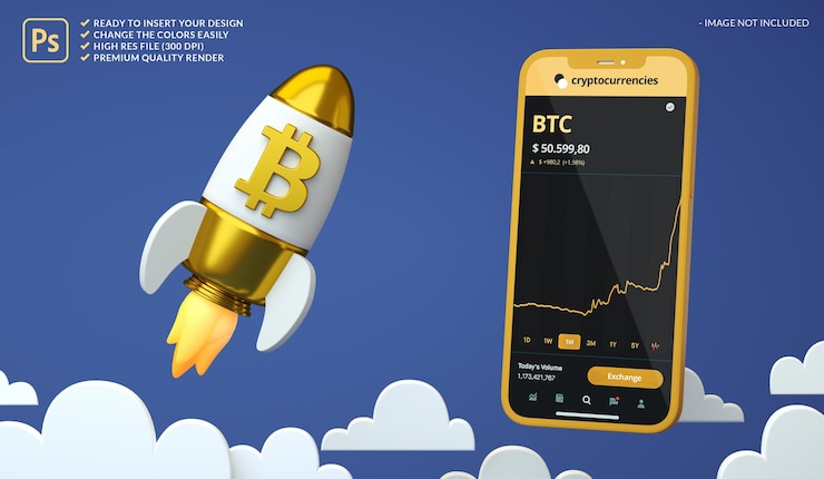 PSD criptomoneda alcista bitcoin btc en una maqueta de pantalla de teléfono y cohete en renderizado 3d