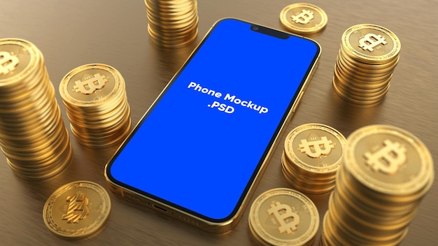 Criptomoneda bitcoin con maqueta de dispositivo de teléfono inteligente