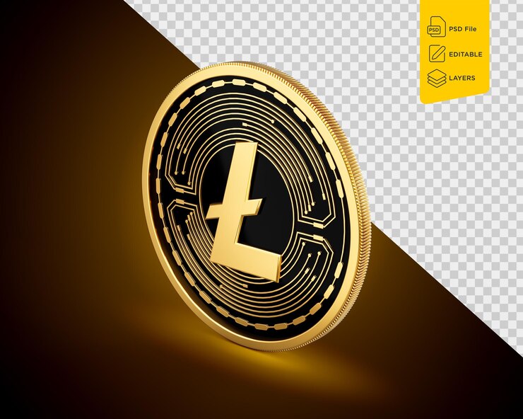 PSD y la criptomoneda dorada redondeada litecoin ltc moneda en fondo de brillo dorado ilustración 3d